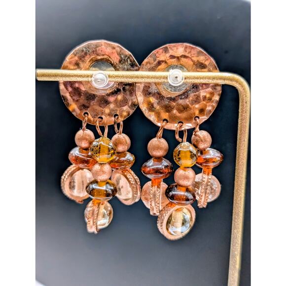 Hammered Copper Glass Bead Dangle Earrings - Picture 3 of 4